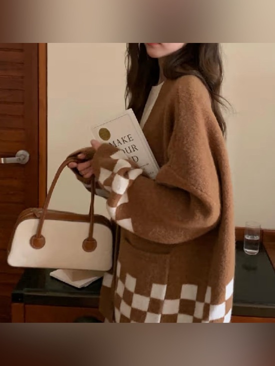 CSSPRING Sweaters - Women’s Knitted Brown & White Checkered Button Down Cardigan Size Large